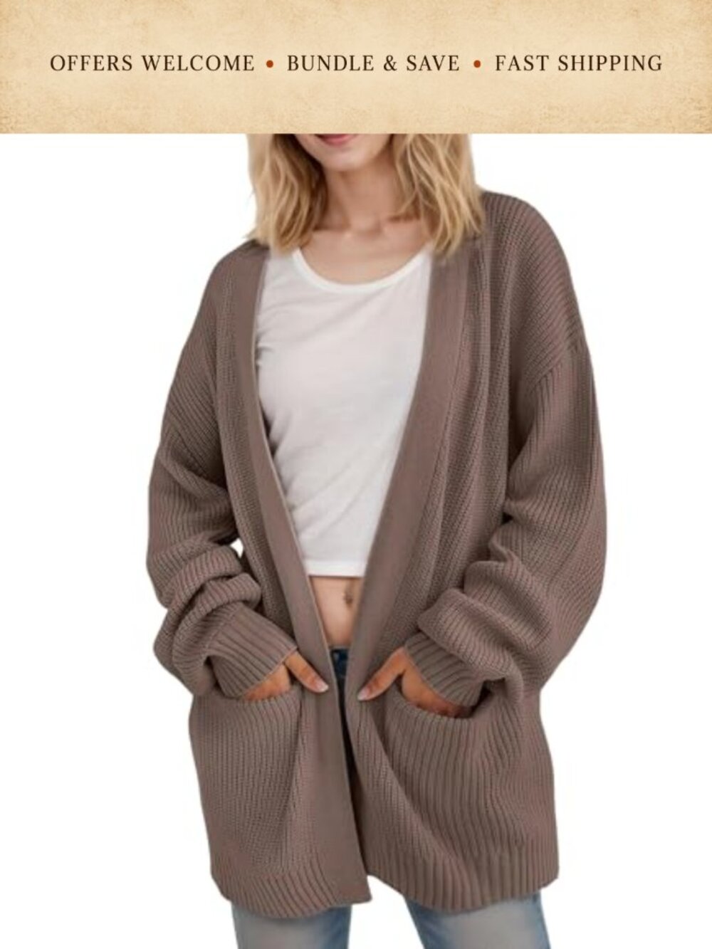 Chunky Knit Open Front Cardigan Oversized Lantern Sleeve Waffle Sweater